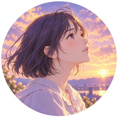 夕焼けを見上げる、短い暗色の髪の少女のイラスト
